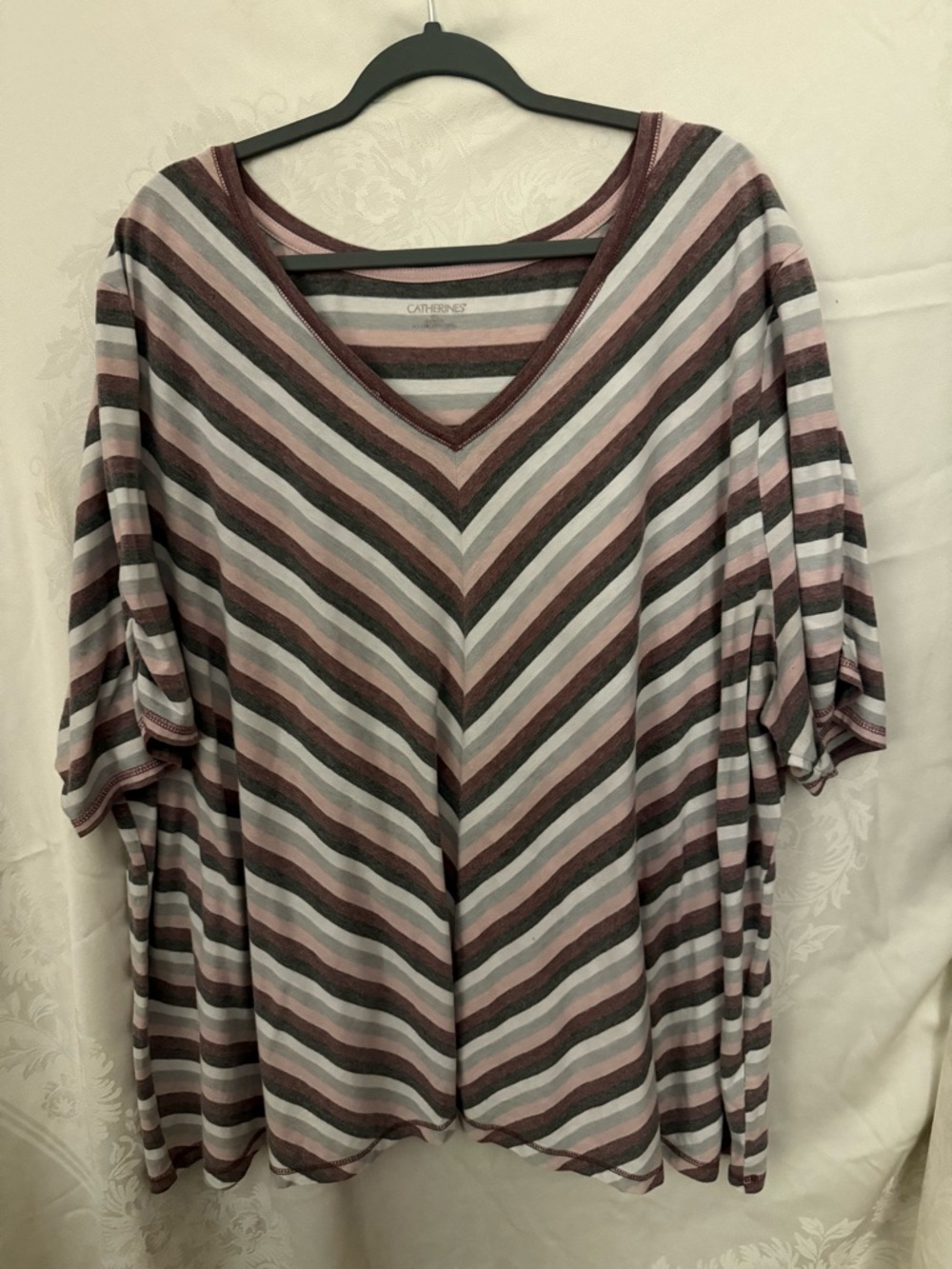 Catherines Striped V-Neck Short Sleeve Top in Mauve, Gray and Cream